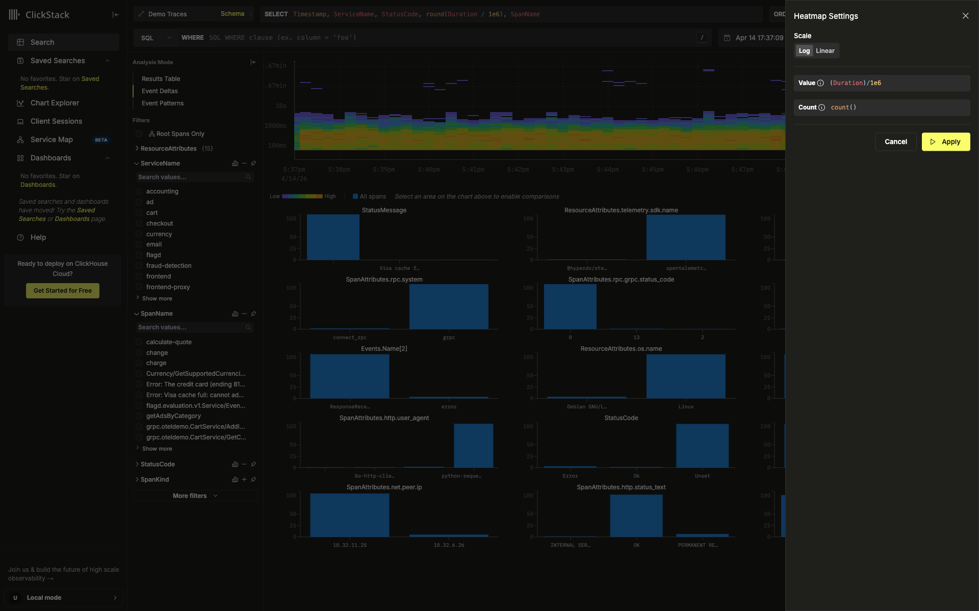 Scale, Value, Count 필드가 있는 Heatmap Settings 드로어